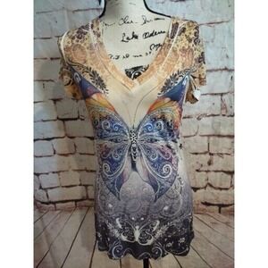 Babazoo Size Medium Embellished V Neck Stretch BUTTERFLY Silky Top Short Sleeve